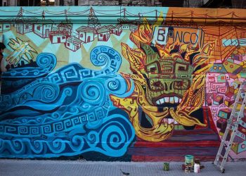 Mural en confección esquina Suarez y Almirante Brown en el Barrio de La Boca resignificando la muerte de los seis niños muertos en el trágico incendio del ex Banco Italia
