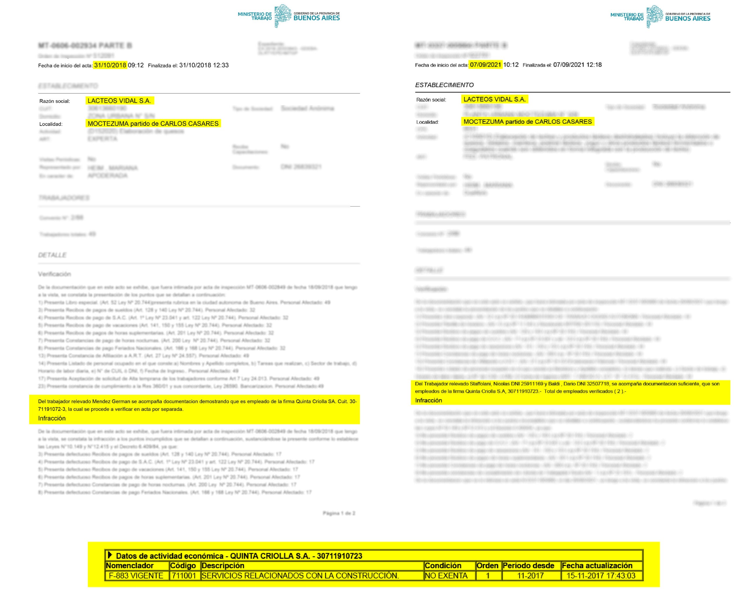 Actas de inspecciones laborales en Lácteos Vidal 2018 y 2021 en las que fueron registrados trabajadores bajo la razón social de La Quinta Criolla S.A., firma cuya actividad económica es servicios de construcción, según consta en la AFIP
