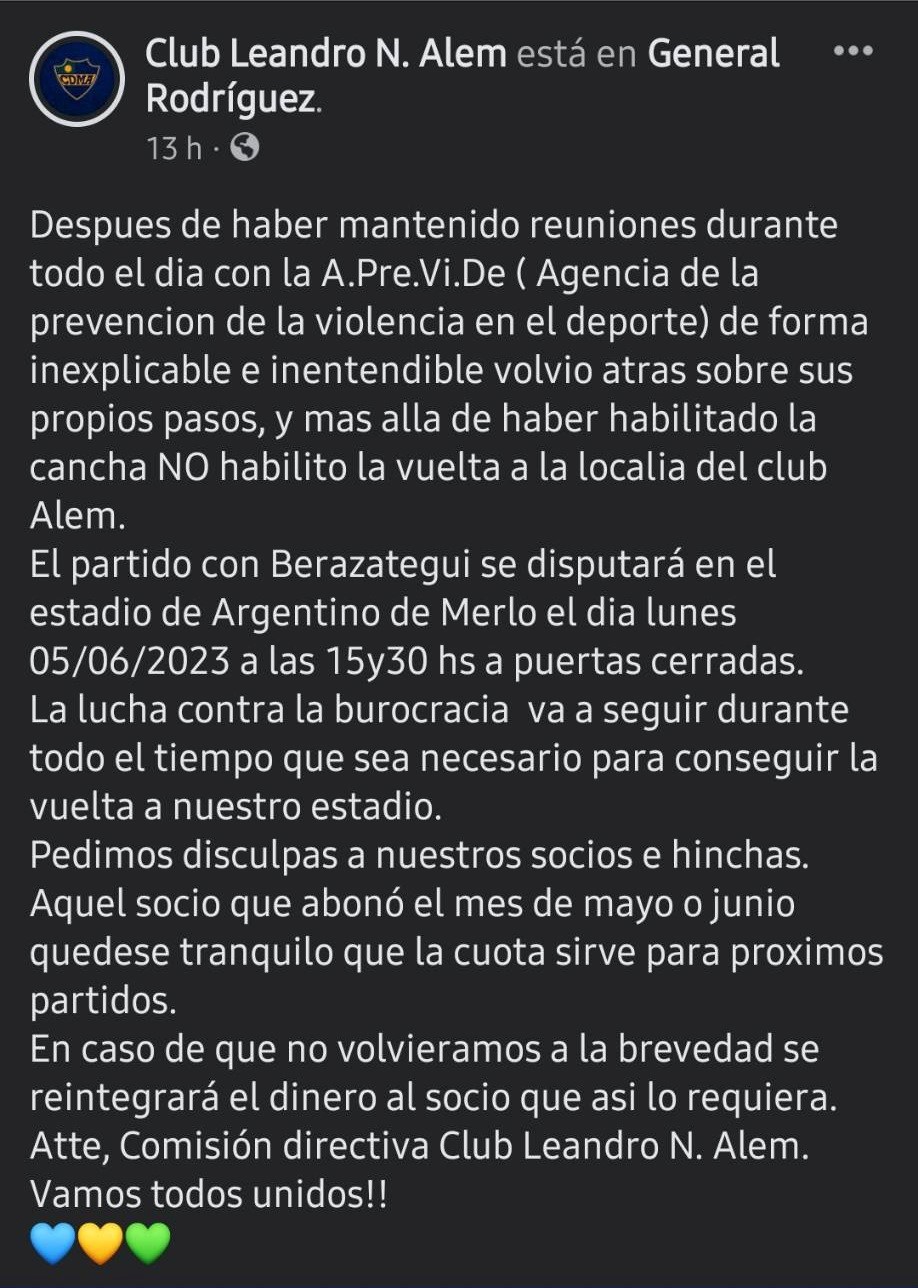 (el comunicado oficial del Club Leandro N. Alem)